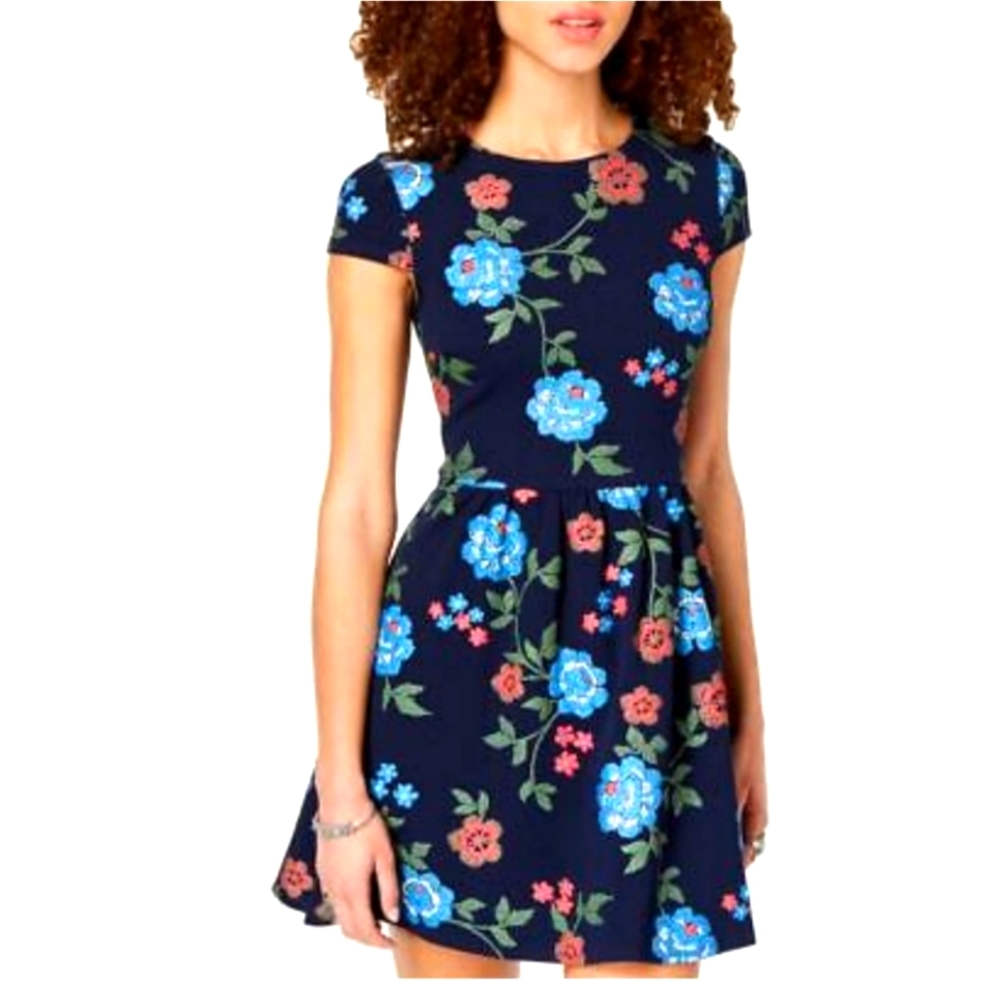 B Darlin Floral dress with illusion back. Navy blue.